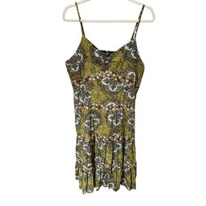 Mlle Gabrielle Sun Dress Women XL Olive Green Medallion Boho Tiered Cotton Mini